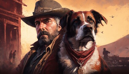 Creative 4k high resolution wallpaper art of a dog inspired by game movie with Western setting with a realistic art style and attention to historical detail by Fresco Painting (generative AI)