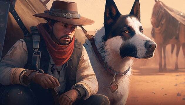 Creative 4k high resolution wallpaper art of a dog inspired by game movie with Western setting with a realistic art style and attention to historical detail by Gongbi (generative AI)