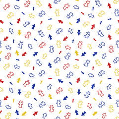 Seamless pattern with red, blue and yellow arrows on a white background in doodle style.