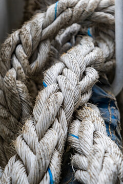 fully frame image of old grey coiled nylon marine or fishing rope. Selective focus.