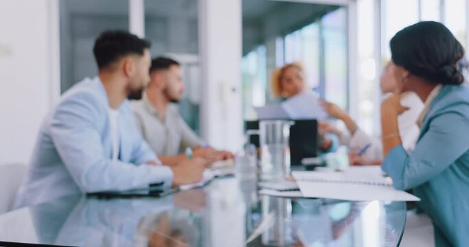 Blurred view, business people or office meeting and documents, paper or finance report in boardroom. Defocused, men or corporate women in teamwork collaboration, strategy planning or diversity review