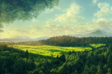 Spruce tops forest summer landscape background in simple geometric form, wildlife panorama of forest in green valley at sunny day with blue sky, nature travel banner illustration. Generative AI
