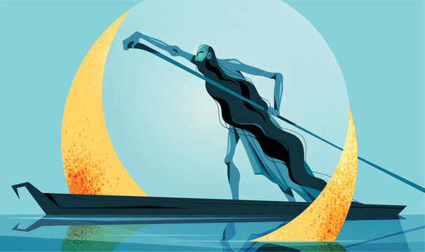 The mythological character Charon is sailing in a boat on the river Styx. Vector illustration, character design.