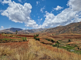 Devastated central Madagascar landscape, Mandoto, Vakinankaratra. Highland deforested countryside. Deforestation creates agricultural pastoral land but also result ecology problem with soil and water.