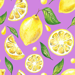 Hand drawn seamless pattern with ripe yellow lemons and leaves in retro style