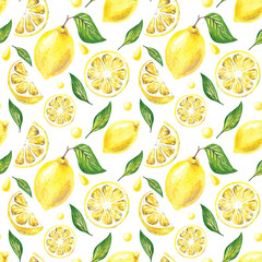Hand drawn seamless pattern with ripe yellow lemons and leaves on the white background