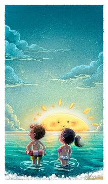 Illustration of two children watching the sunset on the shore of the beach