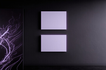 Frame Mockup on a Black Wall with a Neon Purple Glow, Generative Ai