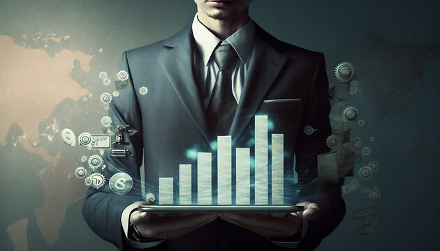 Data-Driven Success: A Businessman Holding a Hologram of Vital Statistics, Generative Ai