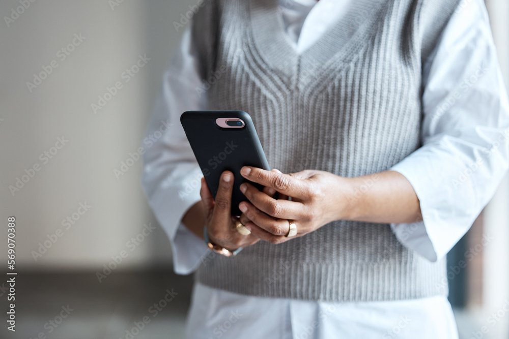 Poster communication, email and hands of an employee with a phone for social media and work contact. websit