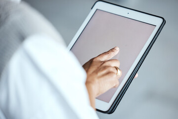 Tablet screen, mockup and person hands for website, internet market research or online management technology. Social media, product placement or digital worker or user mock up. ux design or web 3.0