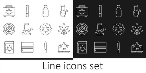 Set line Laptop and marijuana or cannabis, Marijuana leaf, olive oil, Glass bong for smoking, Stop, Shopping box of, and joint icon. Vector