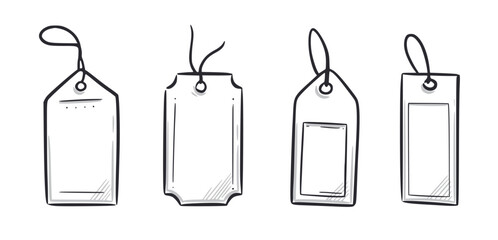 Price tag, gift label doodle element set. Price tag ribbon, discount label hand drawn sketch doodle style. Sale, present offer frame element. Vector illustration.