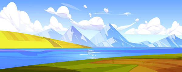 Fototapeta na wymiar Nature landscape with mountains and lake. Summer scenery of valley with river, green grass, fields, road and white snow rocks peaks, vector cartoon illustration