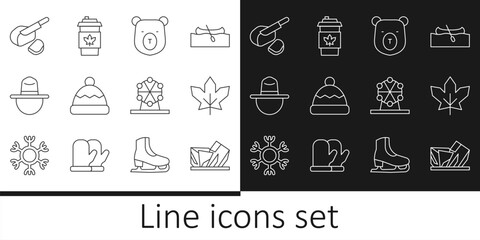 Set line Royal Ontario museum, Canadian maple leaf, Bear head, Beanie hat, ranger, Peameal bacon, Ferris wheel and Coffee cup to go icon. Vector