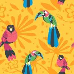 Tropical flower foliage and parrots seamless print