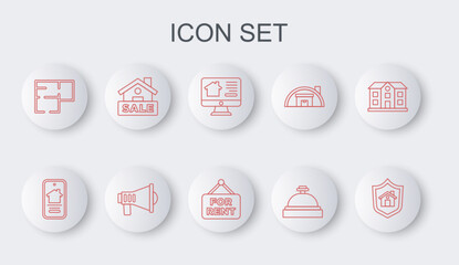 Set line House with shield, Online real estate house, Hotel service bell, plan, Hanging sign Sale, Megaphone and For Rent icon. Vector