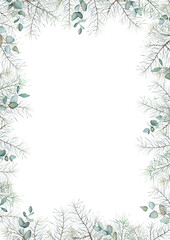 Watercolor Christmas frame of pine branches, eucalyptus. Decorative element for greeting card. Illustration
