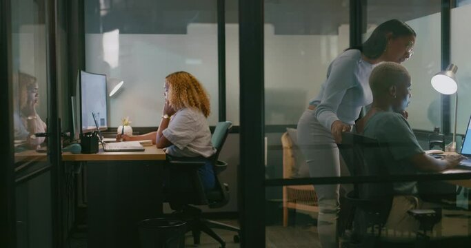 Night, women and business with manager talking to employee, conversation and explain new process, system and project. Female leader, consultant and agents working late, deadline and company planning