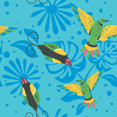 Fototapeta premium Parrots and hummingbirds, tropical flora print