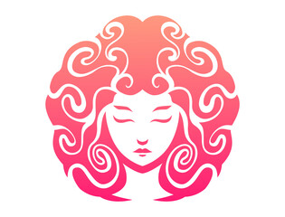 Woman's Curly Hair Logo Design. Beauty Lady Vector Illustration.