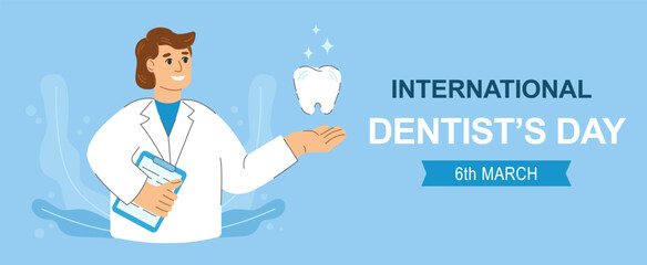 Horizontal background for international dentist day celebration. Flat cartoon illustration suitable for poster or banner.