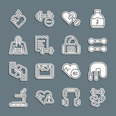Set line Sports doping with dumbbell, Jump rope, Dumbbell, heart, training program, Hoodie, Heartbeat increase and bag icon. Vector
