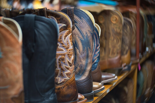 Row of All-American Sturdy Leather Cowboy Boots in a Texas Store