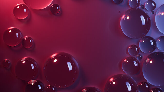 Water Drops on Maroon and Blue Background. Macro Wallpaper with Copy-Space.