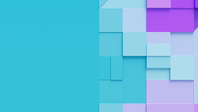 Abstract wallpaper created from interlocking Purple and Turquoise Blocks. Futuristic 3D Render with copy-space. 