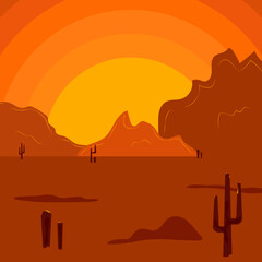 Flat abstract icon, sticker, button with desert, mountains, sun, cactuses on bright orange and brown colors.
