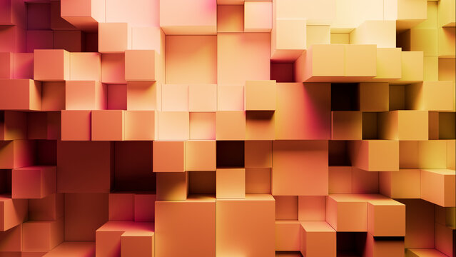 Innovative Tech Wallpaper with Precisely Constructed Multisized Blocks. Yellow and Coral, 3D Render.