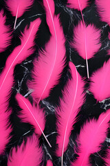 Pink feathers on black marble background. Generative AI