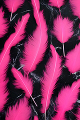 Obraz premium Pink feathers on black marble background. Generative AI