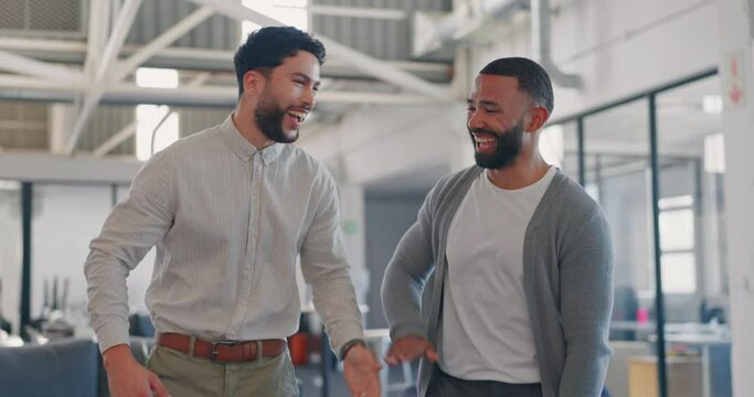 Fist bump, team building and business men walking in office building for partnership, goals and trust. Collaboration, motivation and friends high five for support, vision and success working together