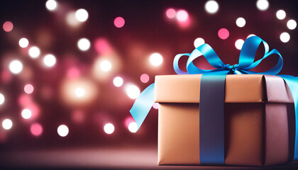 Present Gift Box for Birthday, Christmas, Anniversary and Oher Festival with Blue Bow Ribbon on Beautiful Bokeh Background