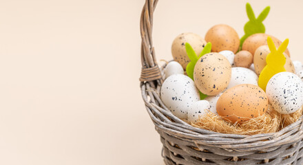 Easter eggs basket and rabbit decor