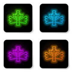 Glowing neon line Christian cross icon isolated on white background. Church cross. Black square button. Vector