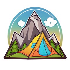 Touristic tent in the mountain. Cartoon icon, badge or sticker. Generative art	