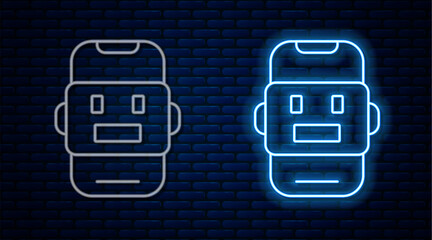 Glowing neon line Chat bot icon isolated on brick wall background. Chatbot icon. Vector