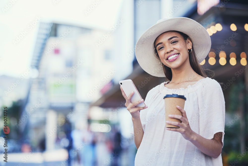 Sticker happy woman, phone and coffee on a city road for communication, travel and 5g network. fashion perso