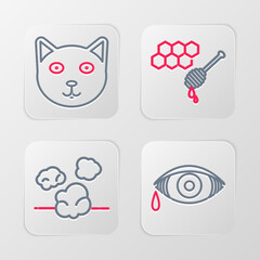 Set line Reddish eye allergic conjunctivitis, Dust, Honeycomb with honey dipper and Pet icon. Vector