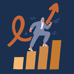 Cartoon vector illustration of Rising up. Career progression. Businesswoman rising up the stairs holding an arrow sign.