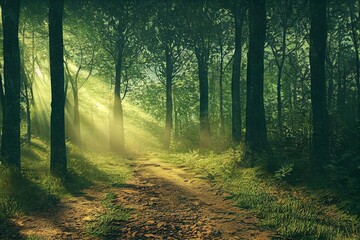 dirt road in the woods. sunny forest path. sun rays shining through the trees. Path in the forest. Generative AI