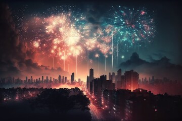 Abstract colored fireworks over night town. Multicolored fireworks in dark sky drawing. Generative AI