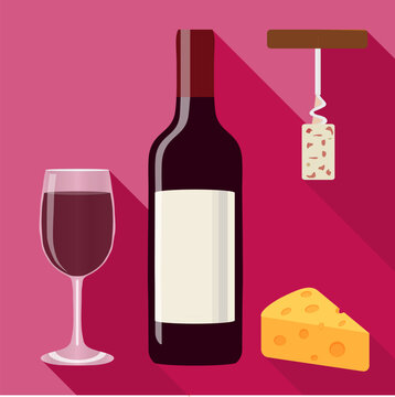 A bottle of wine, a glass of wine, a corkscrew and a piece of cheese. Vector, cartoon illustration.