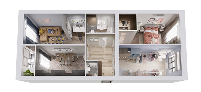 Apartment Layout In Cross Section 3d Illustration With Furniture And Realistic Lighting For Real Estate Advertising Png Isolated