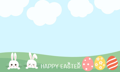 Happy Easter with bunny rabbit cartoons, Easter eggs, green grass and branches on blue sky background vector.