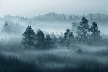 Misty mountains with fir forest in fog. Foggy trees in morning light. Generative AI