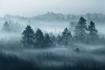 Fotobehang Mistig bos Misty mountains with fir forest in fog. Foggy trees in morning light. Generative AI